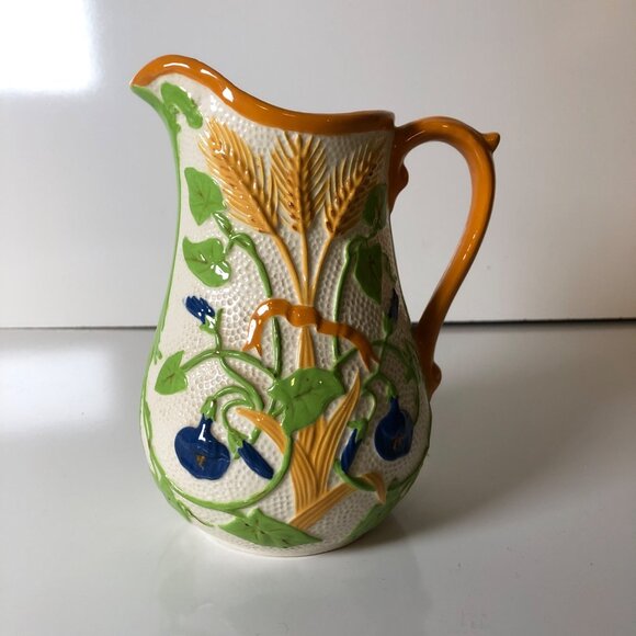 Hand Painted Ceramic Pitcher With Wheat Floral Design Vintage 6 in - Picture 5 of 7